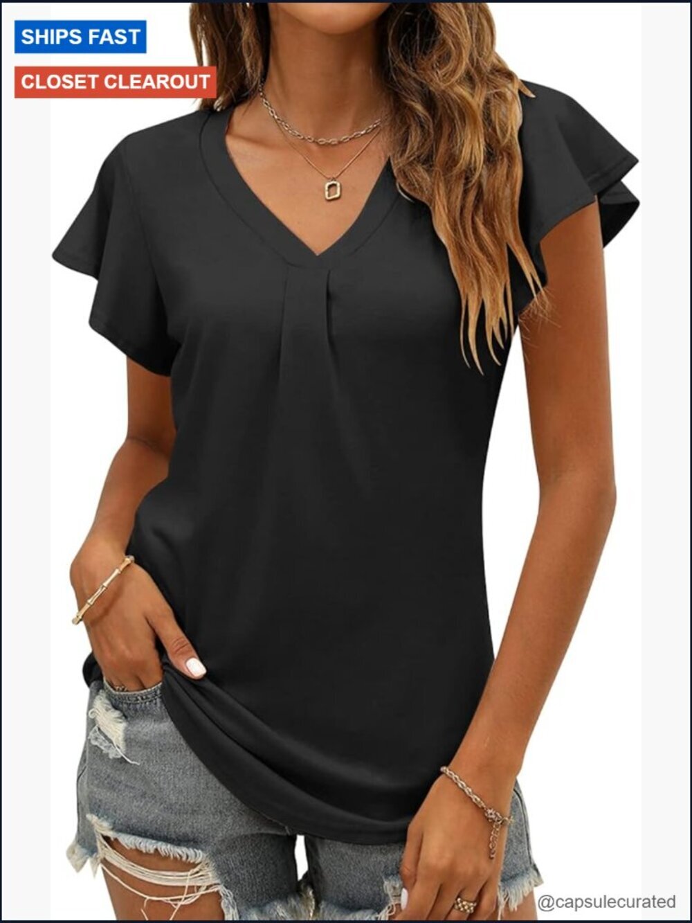 Ruffle Sleeve V Neck Tunic Blouse Casual Flowy Business Top
